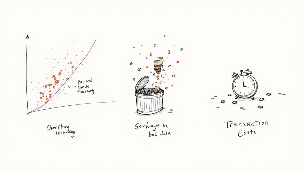 Illustration of a trader navigating complex financial charts and risk symbols.