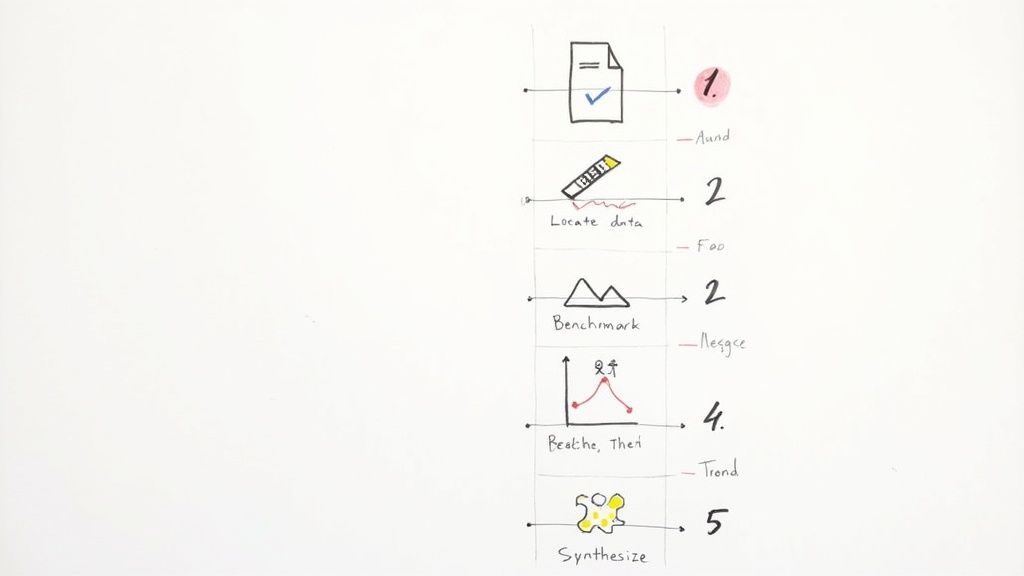 A hand-drawn diagram illustrating a five-step analytical process with icons, text labels, and numbers.