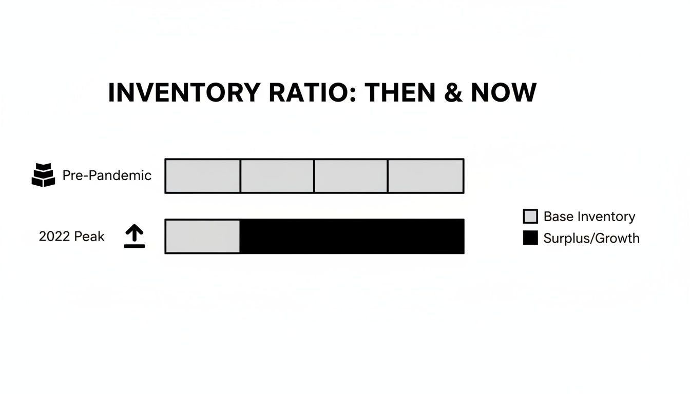 Bar chart comparing inventory ratios: pre-pandemic base inventory versus 2022 peak surplus growth.