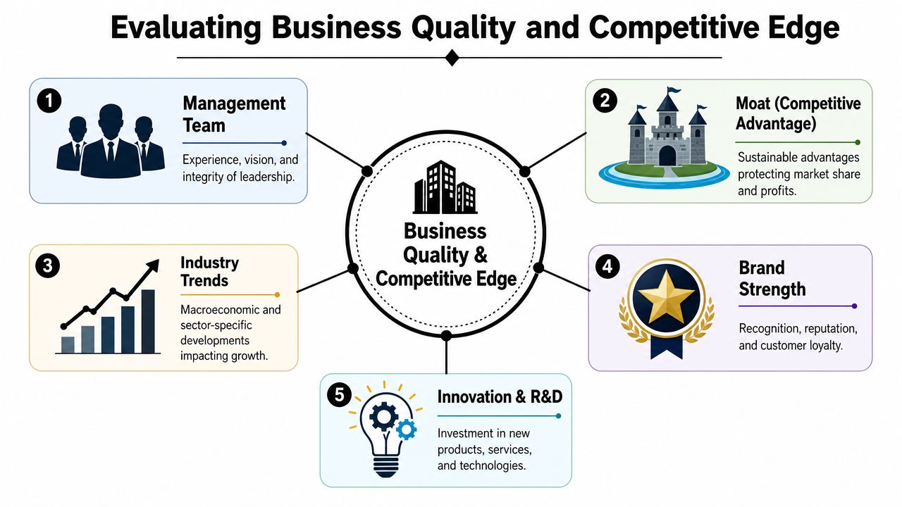 A diagram outlining five key factors for evaluating business quality and competitive edge in investment analysis.