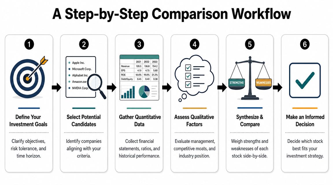 A six-step workflow infographic illustrating the process of researching and selecting stocks for investment portfolios.