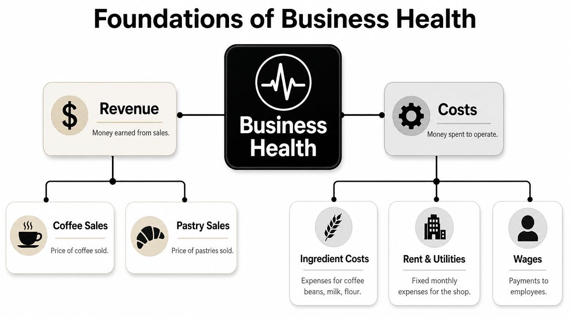 A diagram illustrating the foundations of business health through revenue sources and operational costs for a coffee shop.