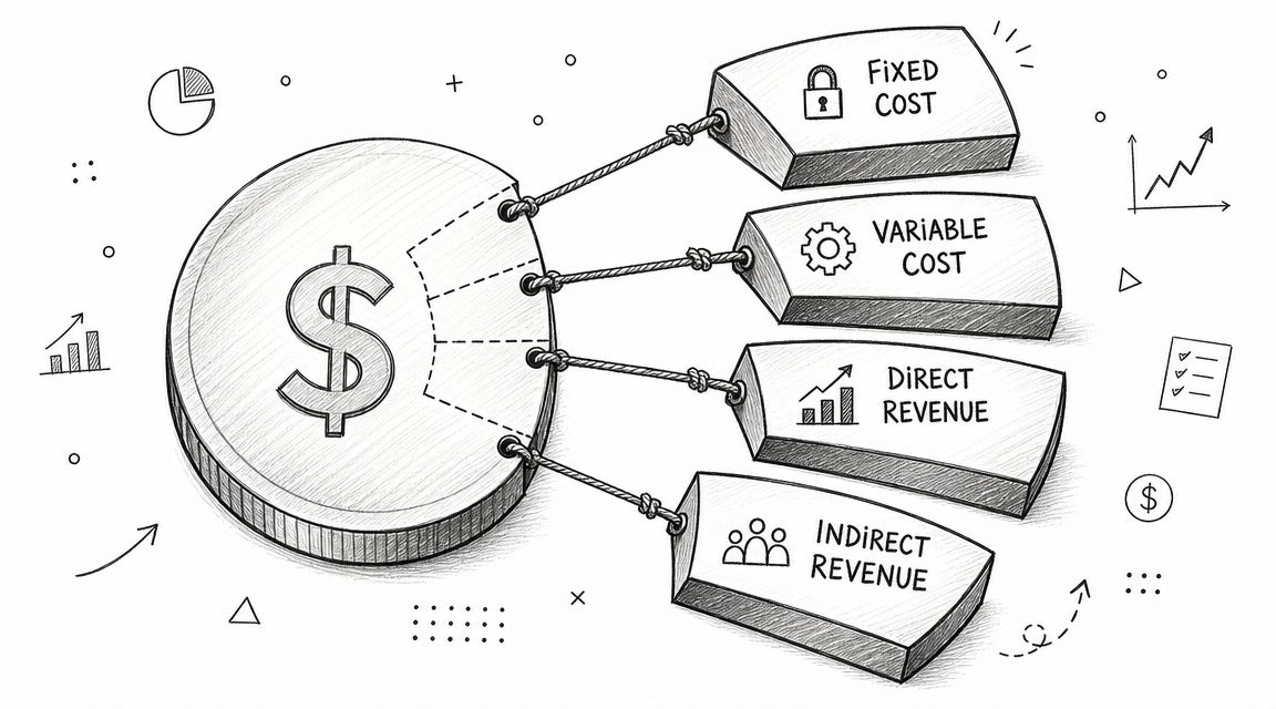 A hand-drawn sketch showing a dollar sign coin connected to four labeled segments: fixed cost, variable cost, direct revenue, and indirect revenue.
