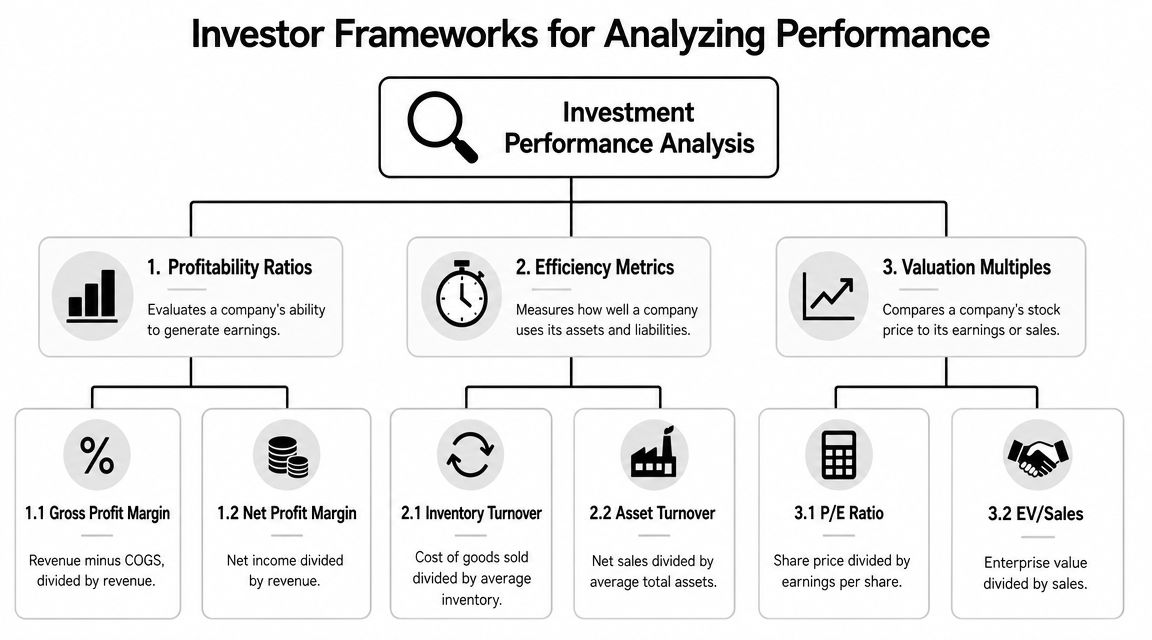 A diagram outlining key investor frameworks for analyzing performance, including profitability ratios, efficiency metrics, and valuation multiples.