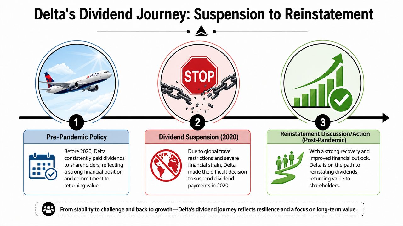 A timeline graphic illustrating Delta Air Lines' journey from dividend payments to suspension and final reinstatement.