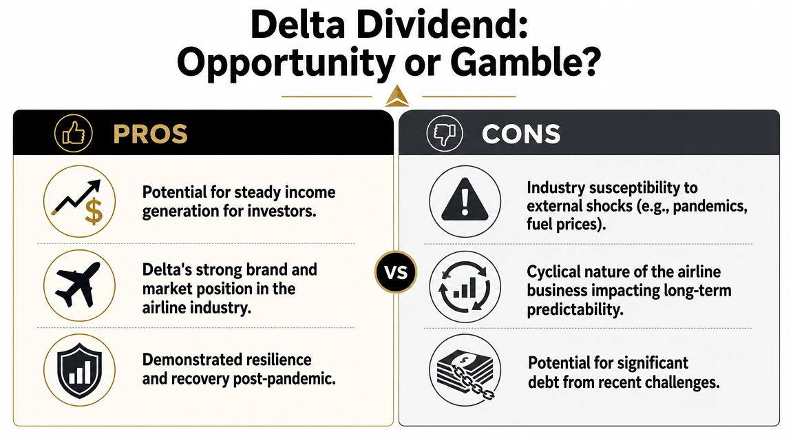 A comparison chart outlining the pros and cons of investing in Delta Air Lines dividends.