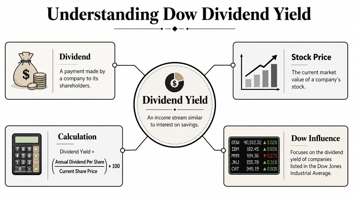 An infographic explaining the concept of dividend yield in the Dow Jones Industrial Average for investors.
