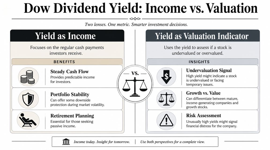 An infographic illustrating the two perspectives of Dow dividend yield: as a source of income and a valuation indicator.