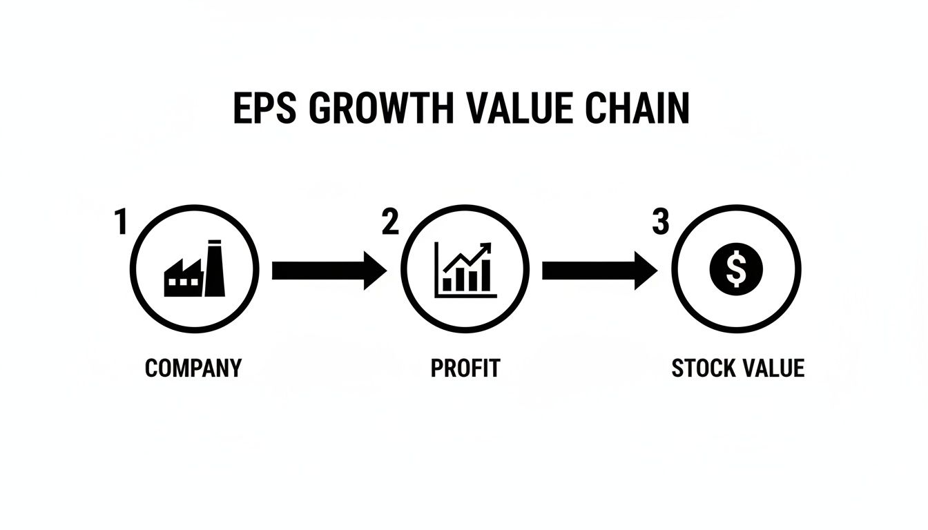 A diagram illustrating the EPS Growth Value Chain: Company, leading to Profit, and finally to Stock Value.