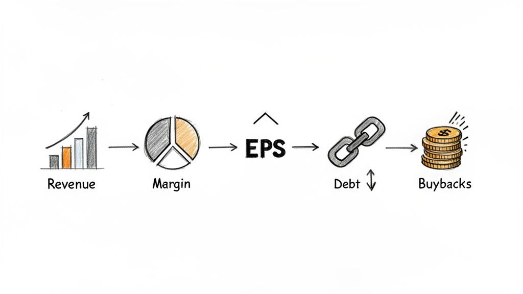 Flowchart illustrating how Revenue, Margin, Debt, and Buybacks influence Earnings Per Share (EPS).