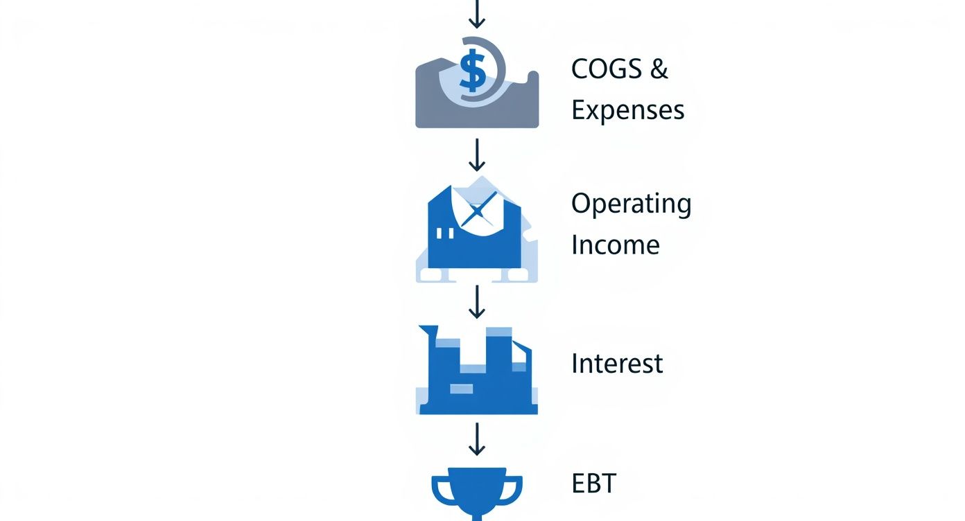 A flowchart detailing the calculation of Earnings Before Taxes (EBT) with financial steps.
