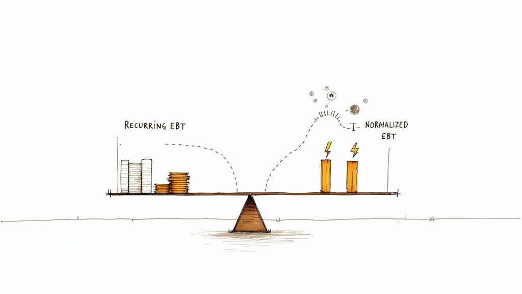 A balance scale contrasts steady 'Recurring EBT' (money stacks) with dynamic 'Normalized EBT' (lightning bolts).
