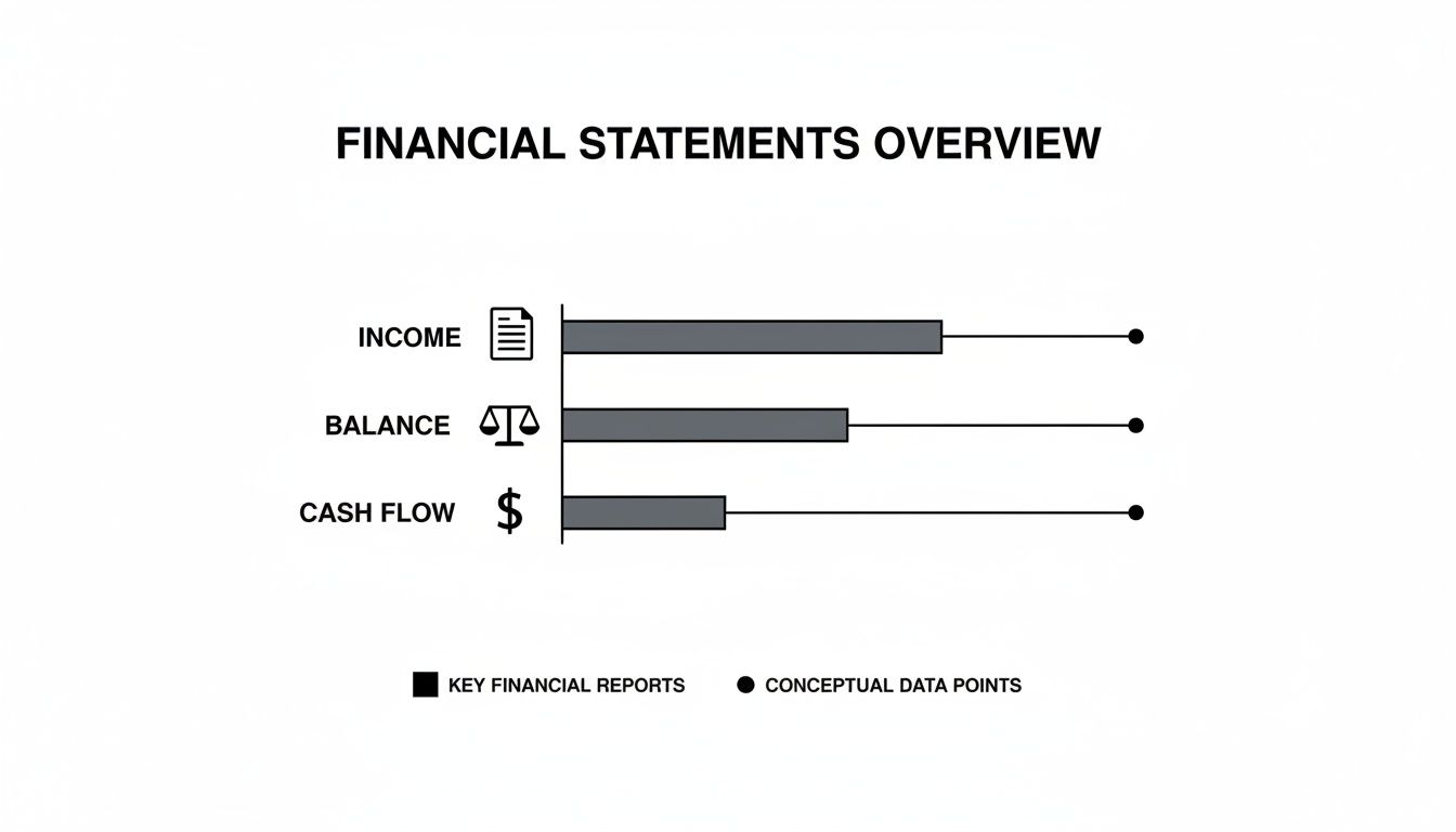 Diagram showing an overview of key financial statements: Income, Balance, and Cash Flow with data points.
