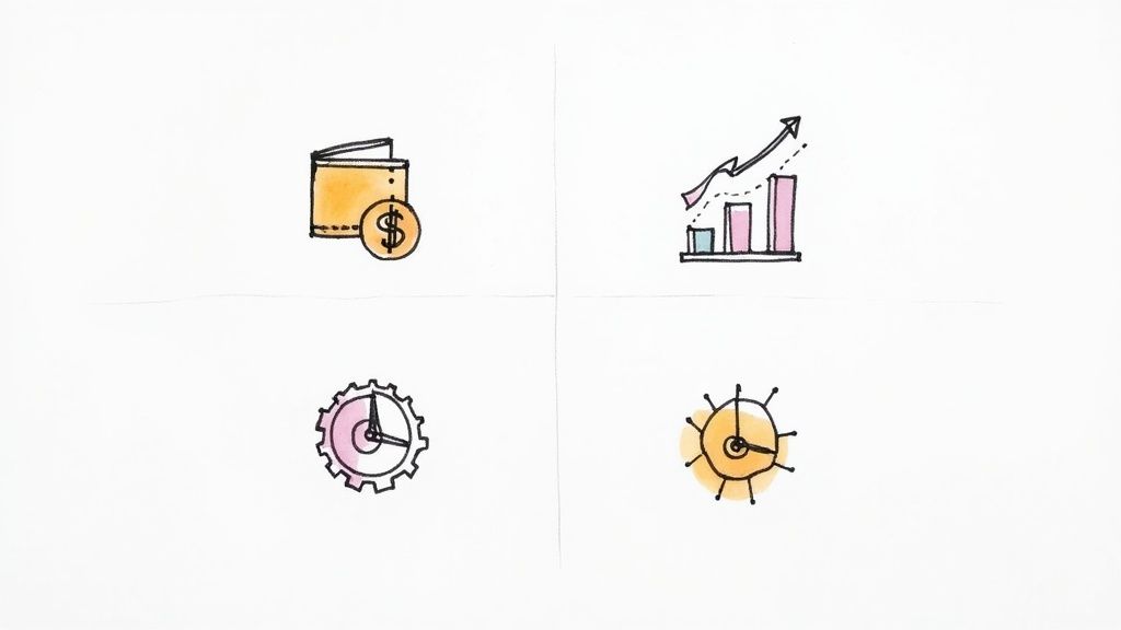 Hand-drawn icons depicting a financial wallet, growth chart, and time management concepts.