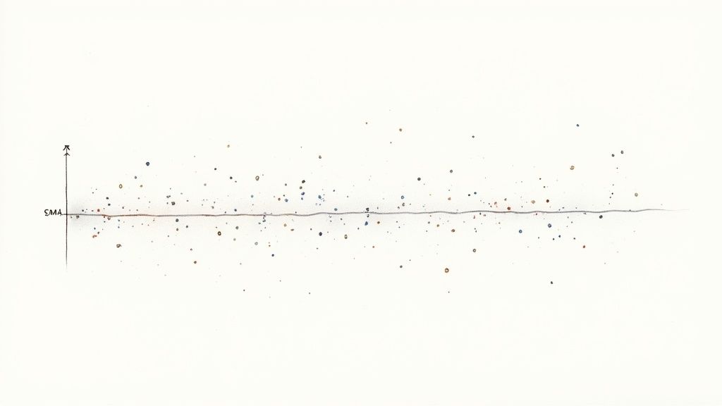 A minimalist scatter plot with numerous colored dots scattered around a central wavy horizontal line labeled 'SMA'.