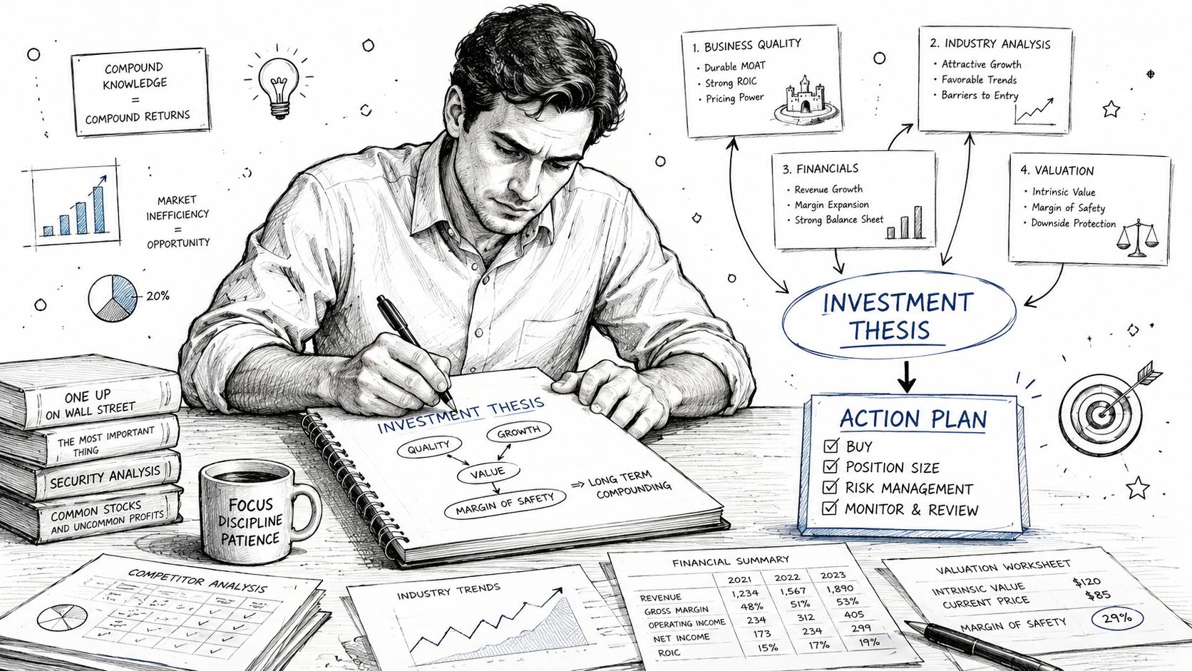 A professional sketching an investment thesis and action plan with financial charts and analysis tools on a desk.