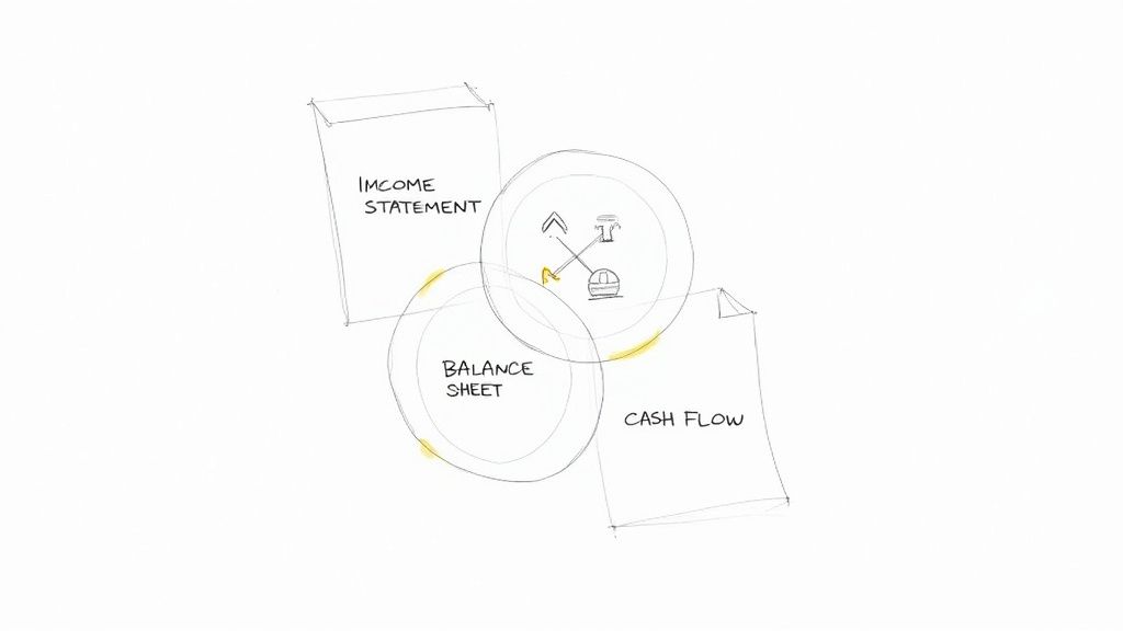 Hand-drawn sketch illustrating the interconnectedness of Income Statement, Balance Sheet, and Cash Flow financial reports.