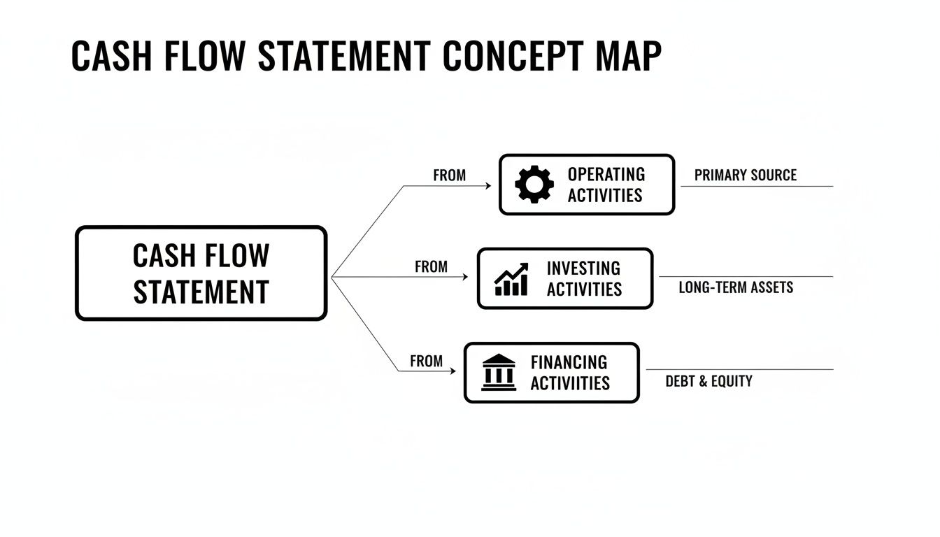 A concept map detailing the Cash Flow Statement, derived from operating, investing, and financing activities.