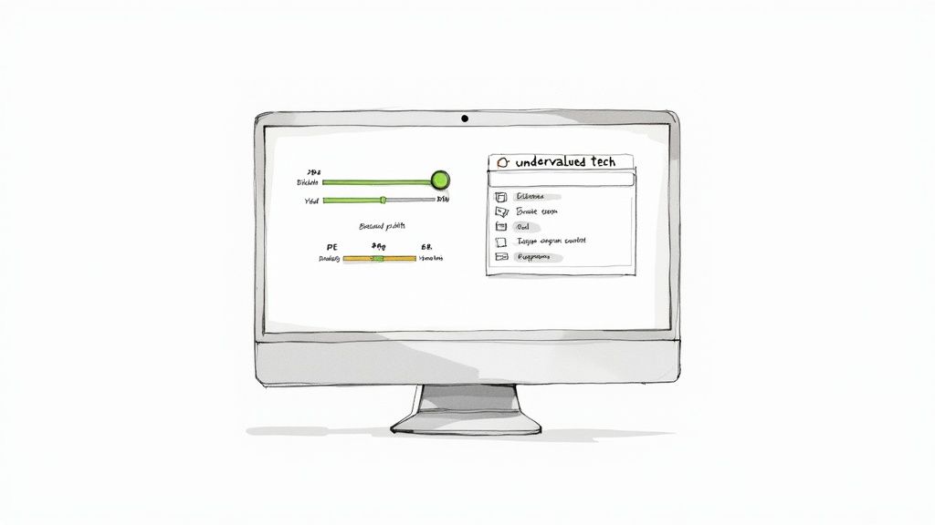 A person using a stock screener on a laptop to filter and find stocks.
