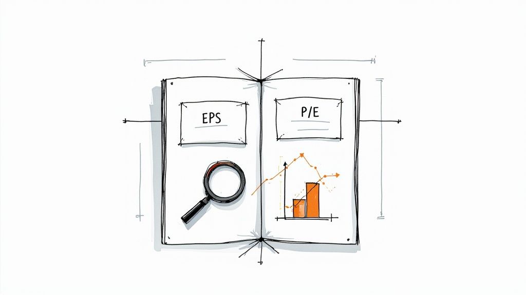 A person analyzing financial charts on a large screen, showing key metrics like P/E and EPS.