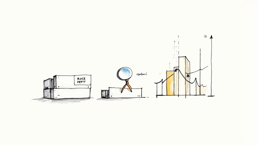 Sketch illustrating business data analysis, showing data boxes, a magnifying glass, and a rising bar chart.
