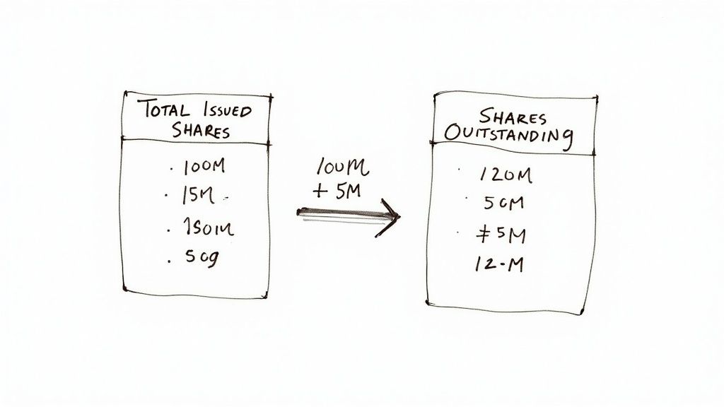A handwritten diagram illustrates the relationship between total issued shares and shares outstanding using numerical examples.