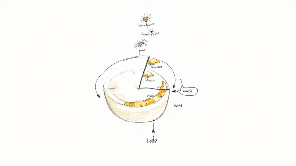 A hand-drawn conceptual diagram illustrating elements within a circular container and external influences.