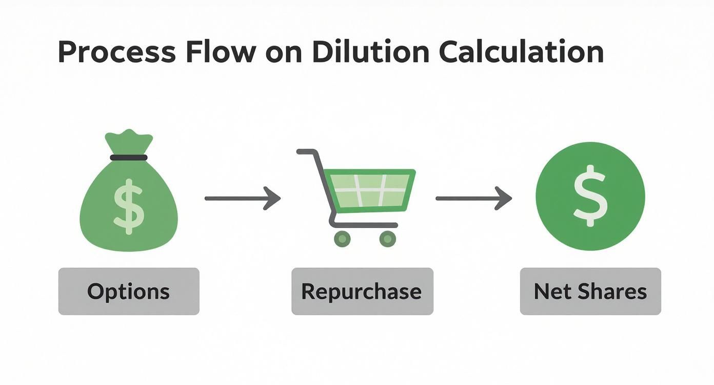A process flow diagram shows calculation steps from options, through repurchase, to net shares.