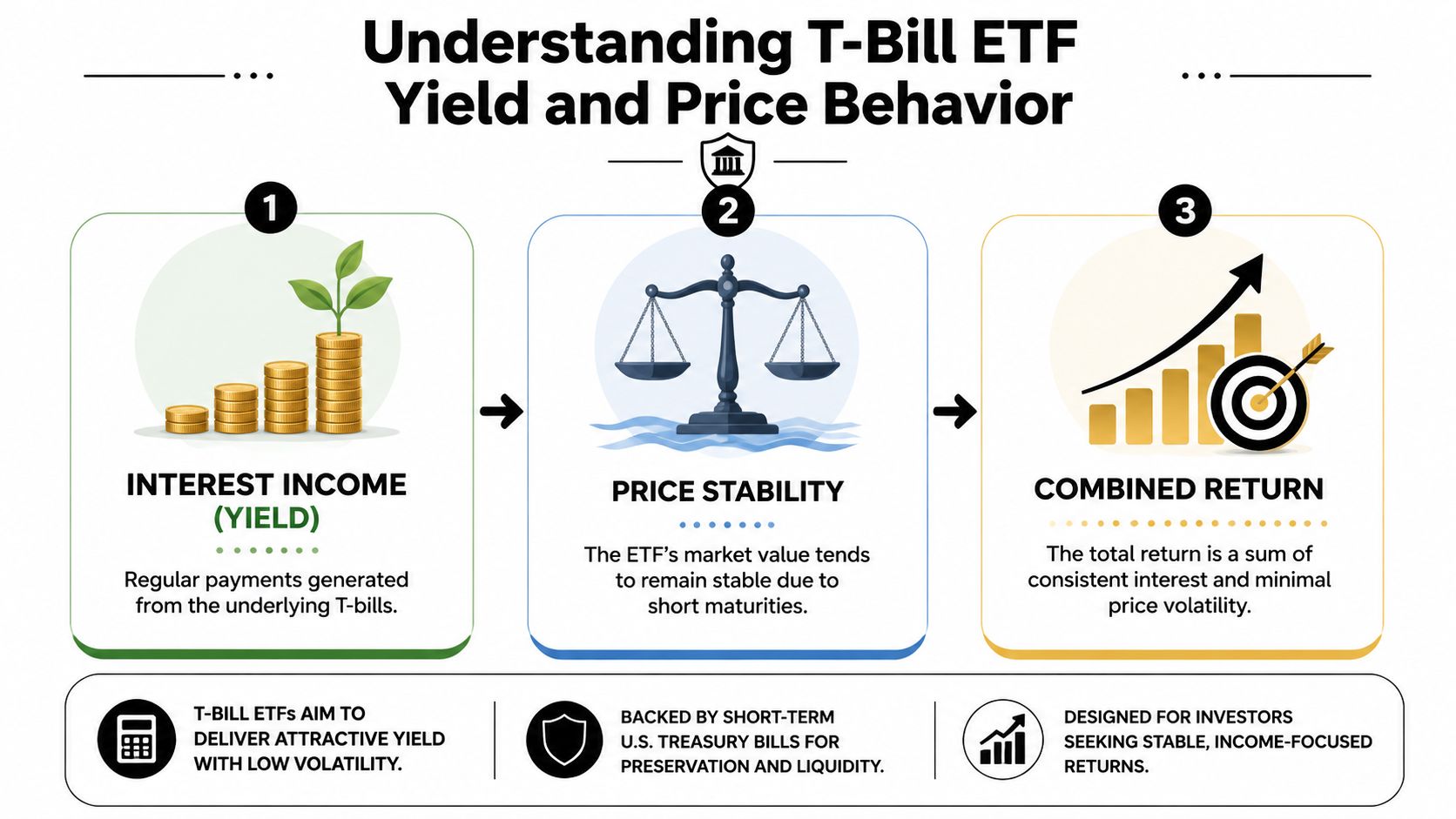 An infographic explaining how T-Bill ETFs provide interest income, price stability, and a combined total investment return.