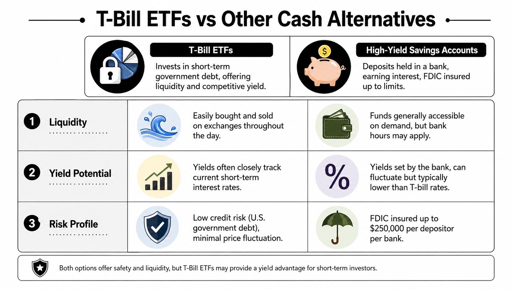 A comparison chart showing the differences between T-Bill ETFs and high-yield savings accounts regarding liquidity, yield, and risk.