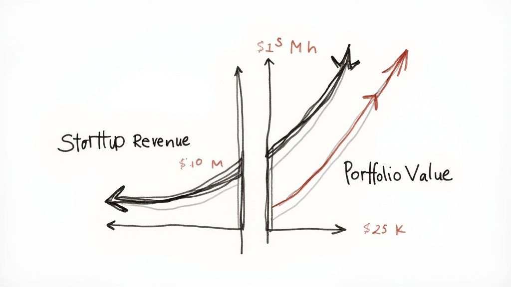 An investor and a business owner looking at a chart with an upward growth trend, illustrating real-world CAGR applications.