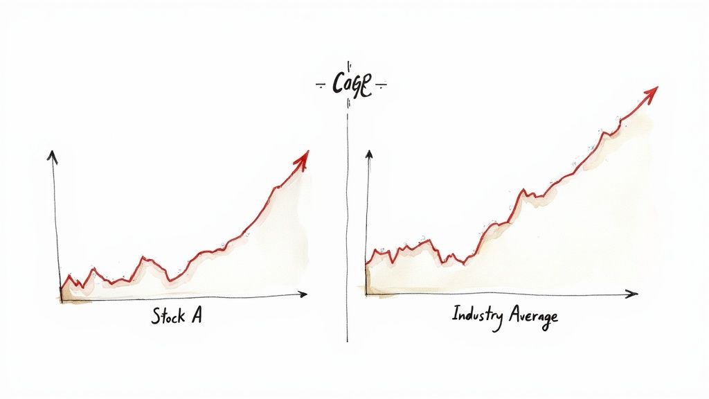 A magnifying glass hovering over a fluctuating stock chart, revealing a smooth, upward-trending line, symbolizing CAGR's ability to clarify growth.