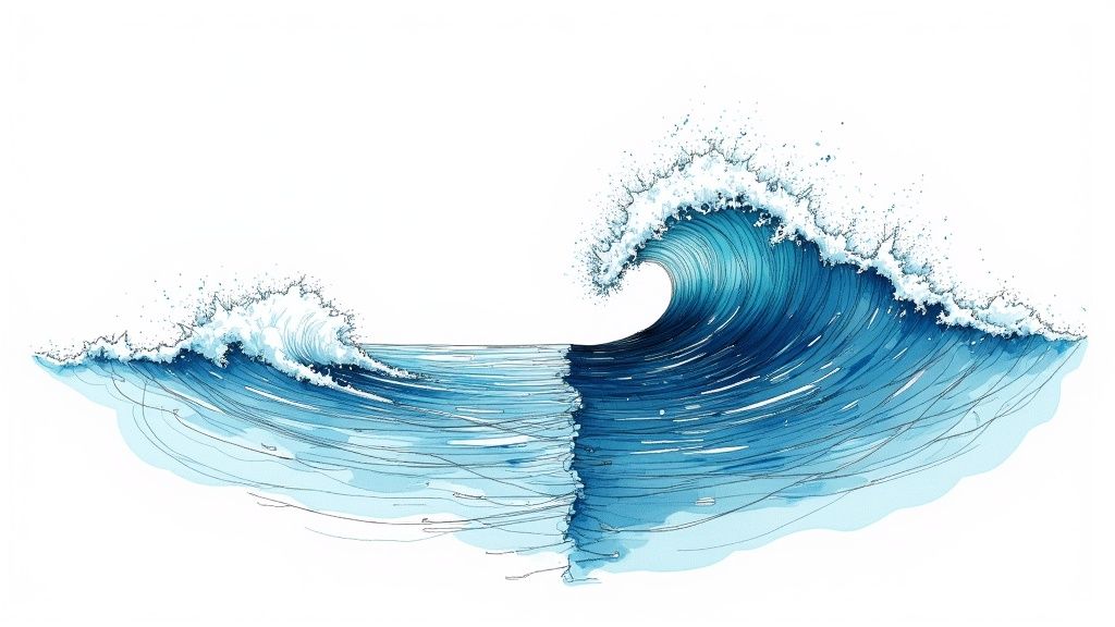 A serene ocean reflecting a calm market with gentle waves, illustrating low volatility.
