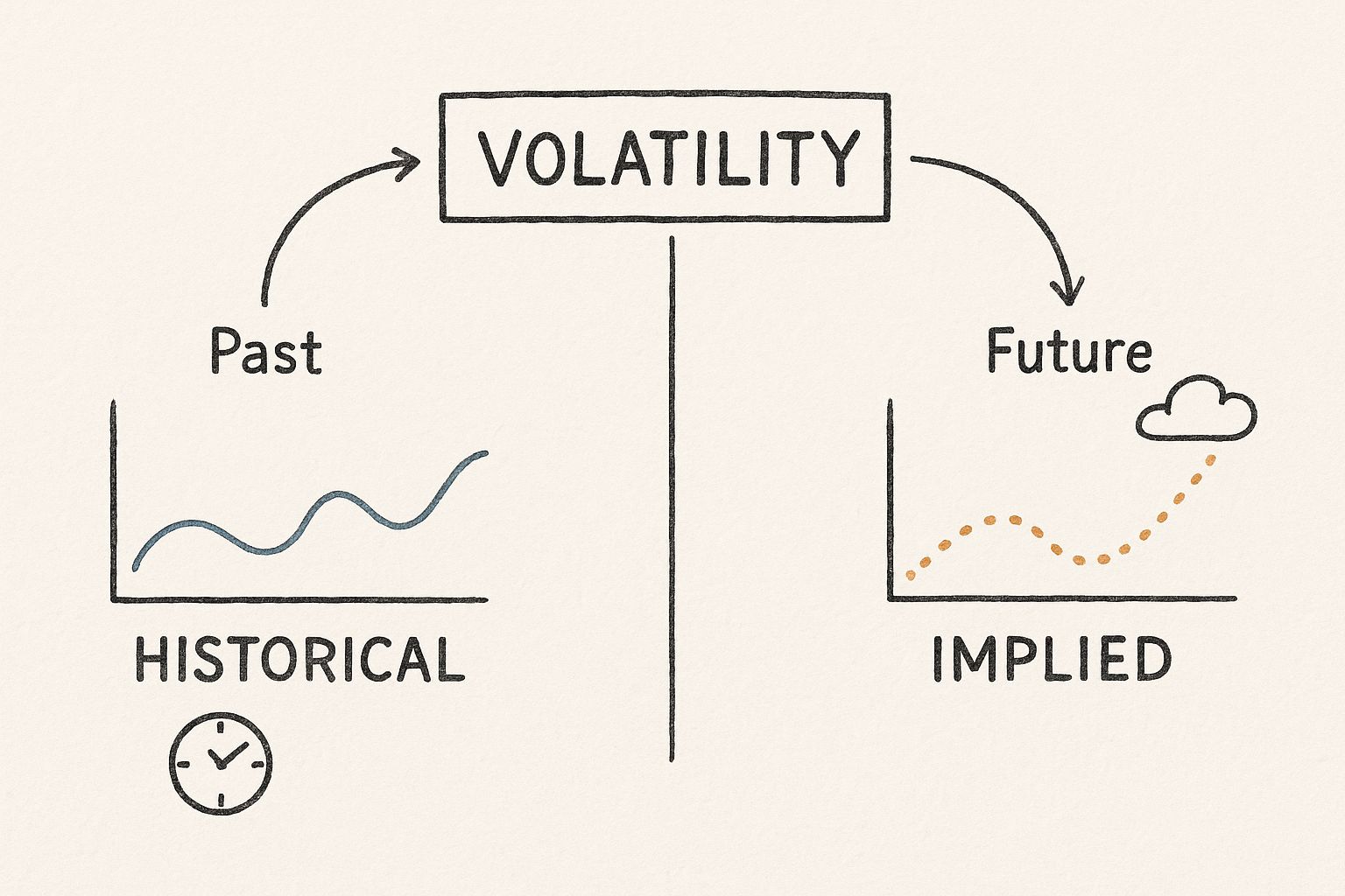 Infographic showing two methods to measure market volatility: a smooth past price line for Historical Volatility and a dotted forecast curve for Implied Volatility.