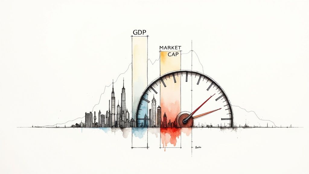 A stylized world map with glowing stock market ticker symbols overlaid, representing global market valuation.