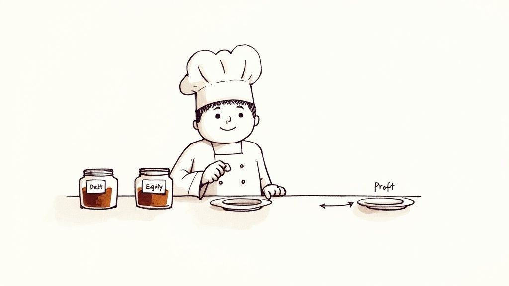 A cartoon chef combines ingredients from jars labeled 'Debt' and 'Equity' to create 'Profit'.
